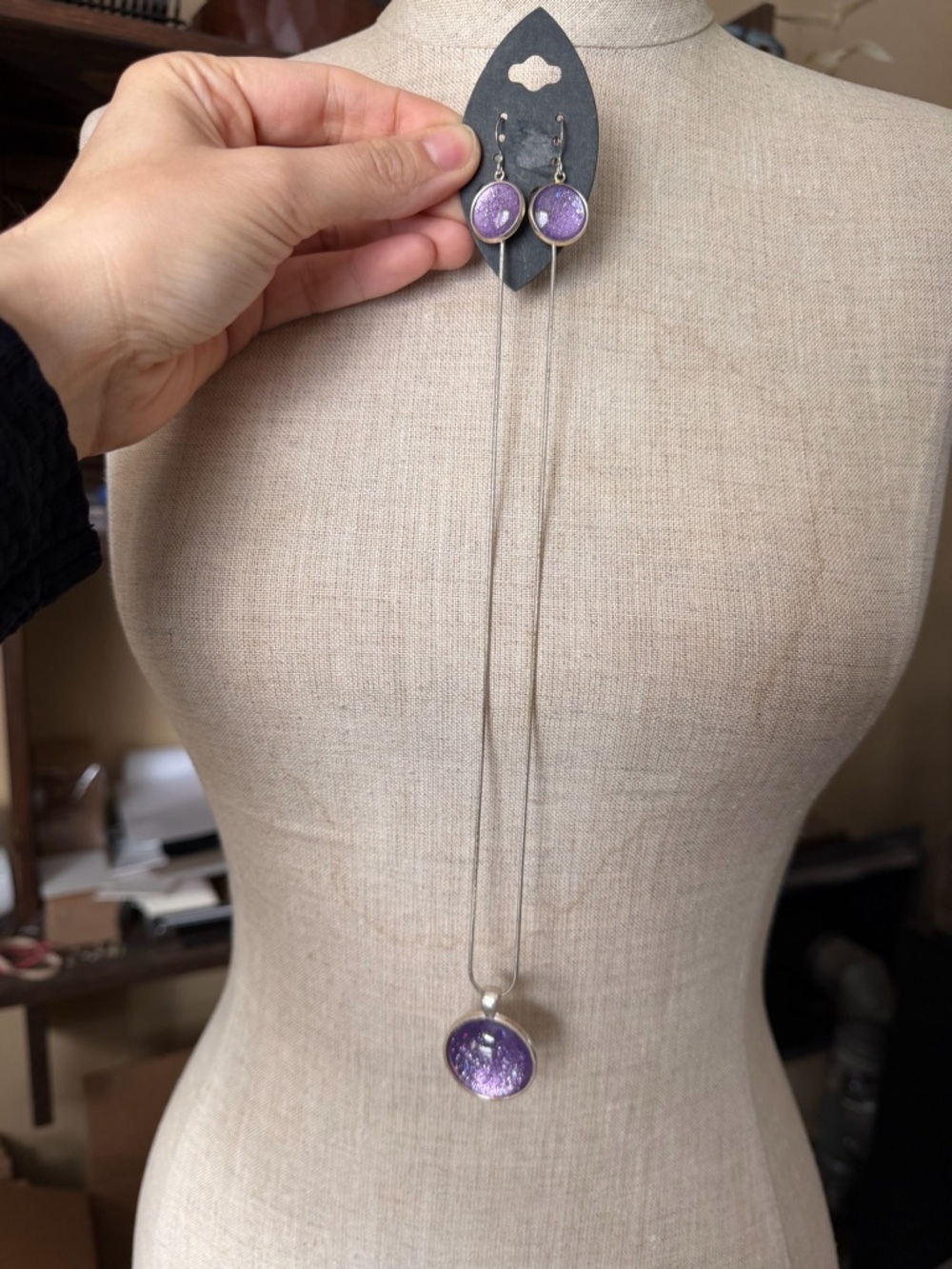 Purple Glitter Fashion Jewelry Set: Necklace & Earrings